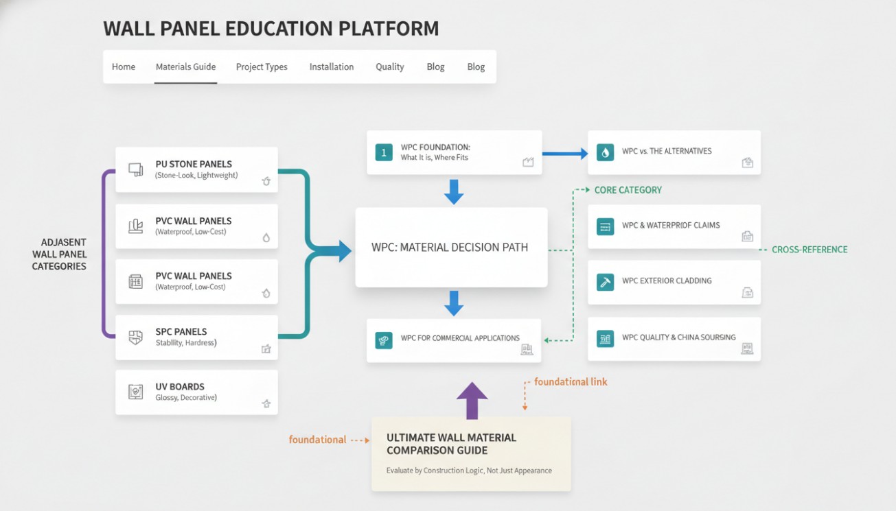 Wall panel education platform diagram showing WPC as a material decision path among PU, PVC, SPC, and UV wall panels